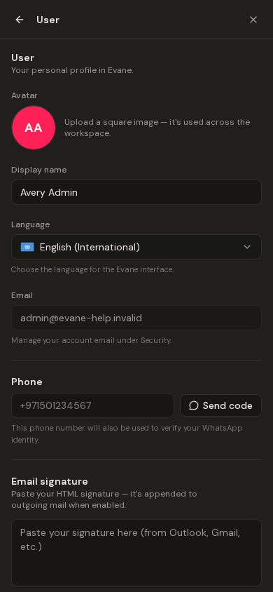 Manage personal Settings, language, and theme in Evane