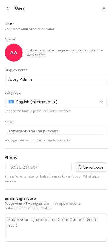 Manage personal Settings, language, and theme in Evane
