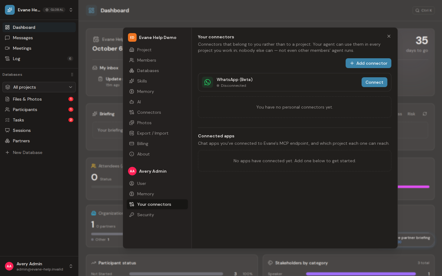 Manage personal connectors and MCP access in Evane