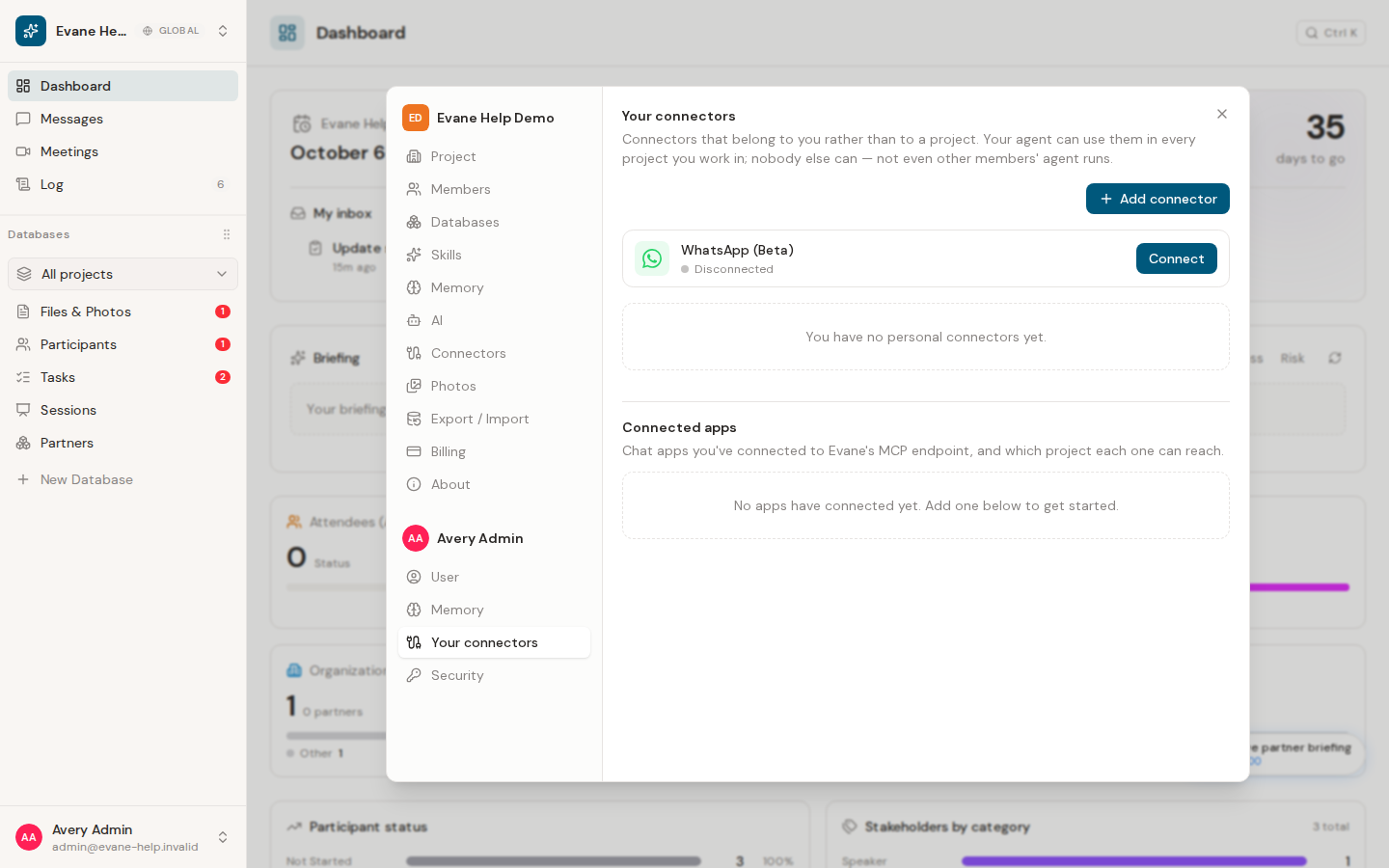 Manage personal connectors and MCP access in Evane