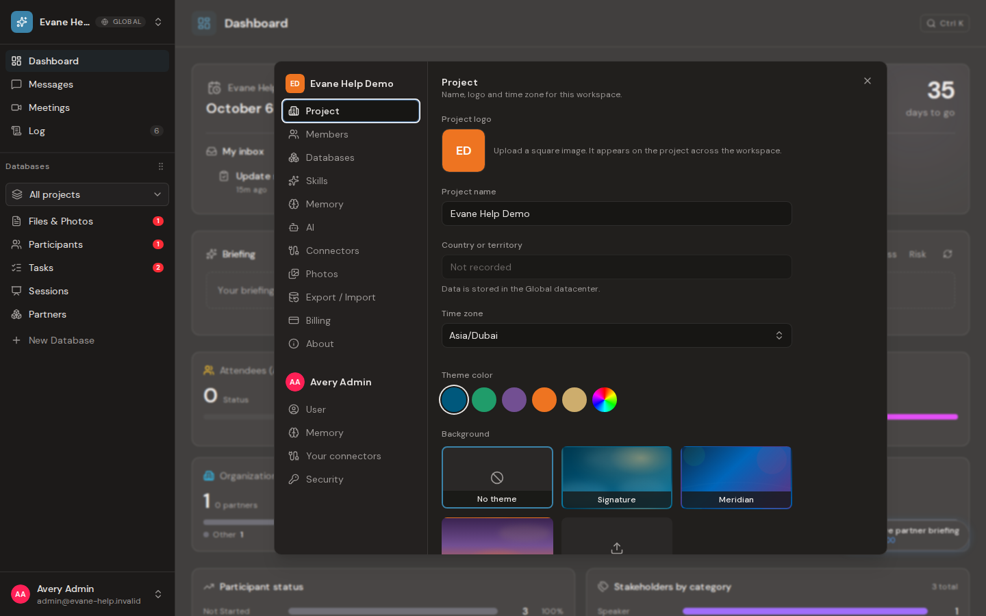 Change the workspace name, logo, and timezone in Evane