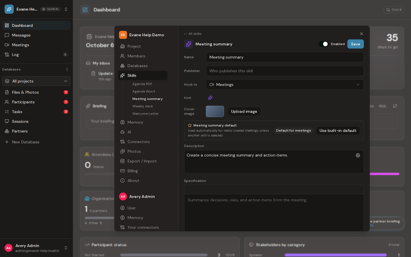 Create, edit, enable, and delete a Skill in Evane