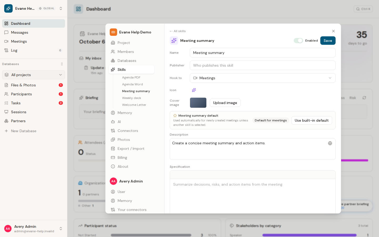 Create, edit, enable, and delete a Skill in Evane