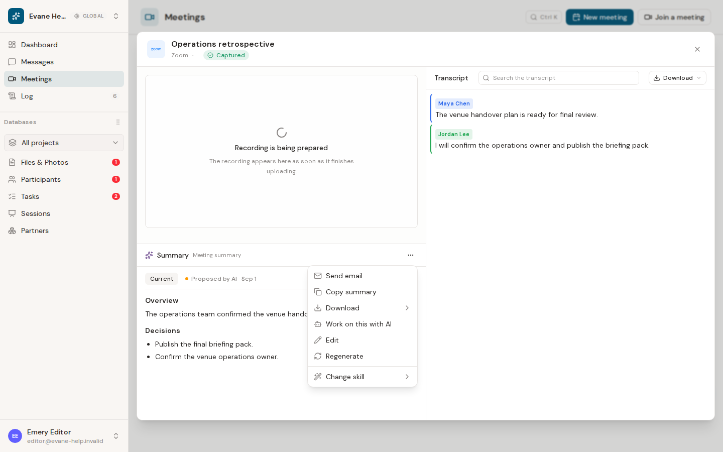 Use the Meeting Summary Skill in Evane
