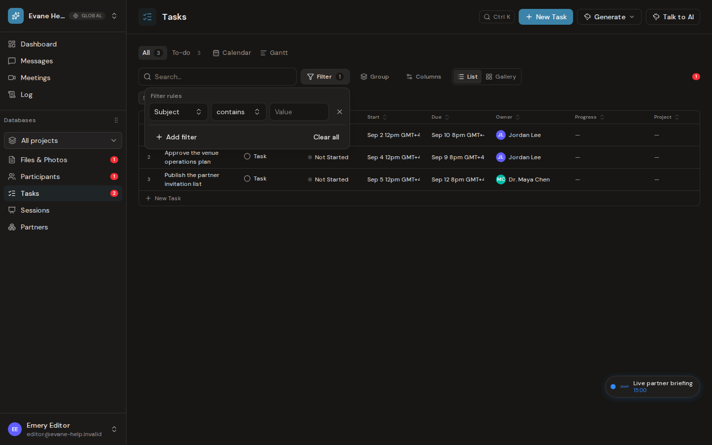 Assign tasks and filter by owner in Evane