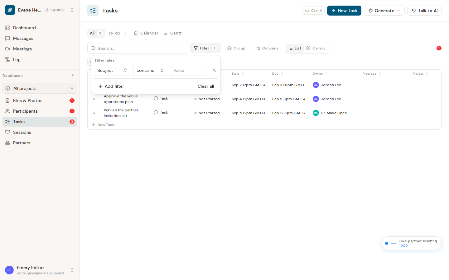 Assign tasks and filter by owner in Evane