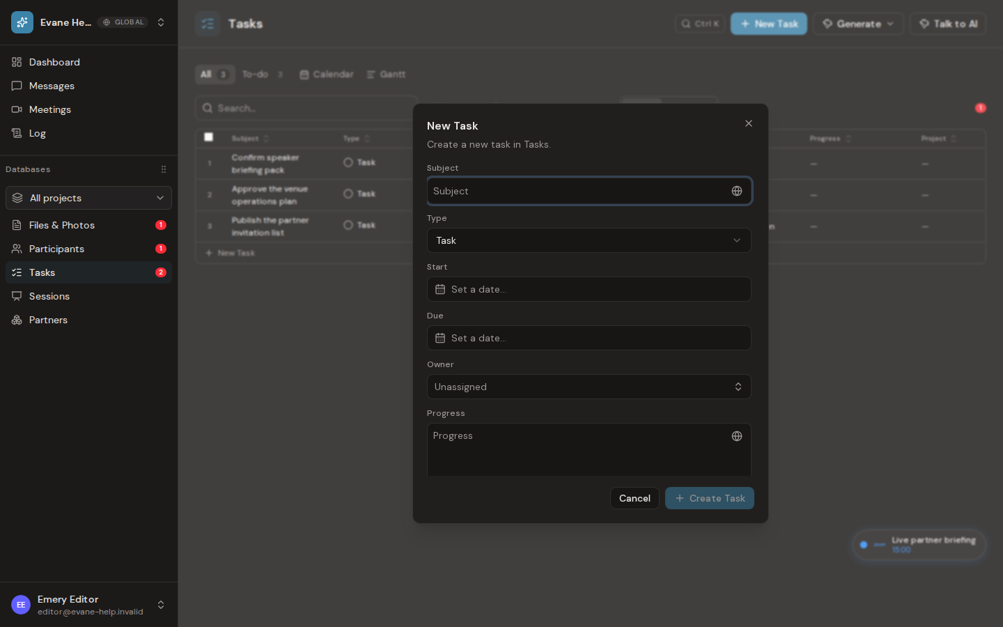 Create tasks, milestones, and objectives in Evane