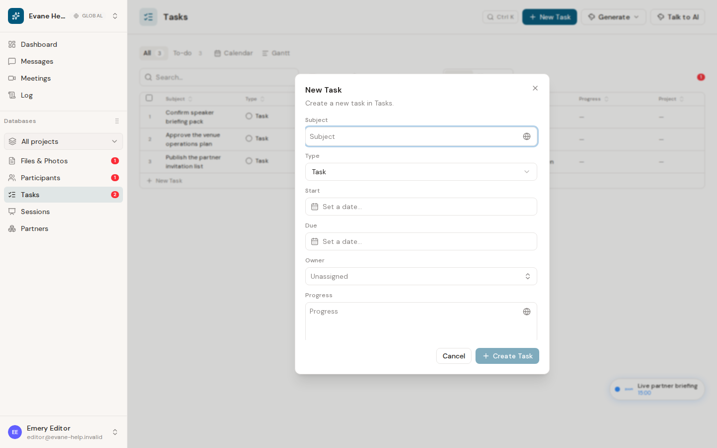 Create tasks, milestones, and objectives in Evane