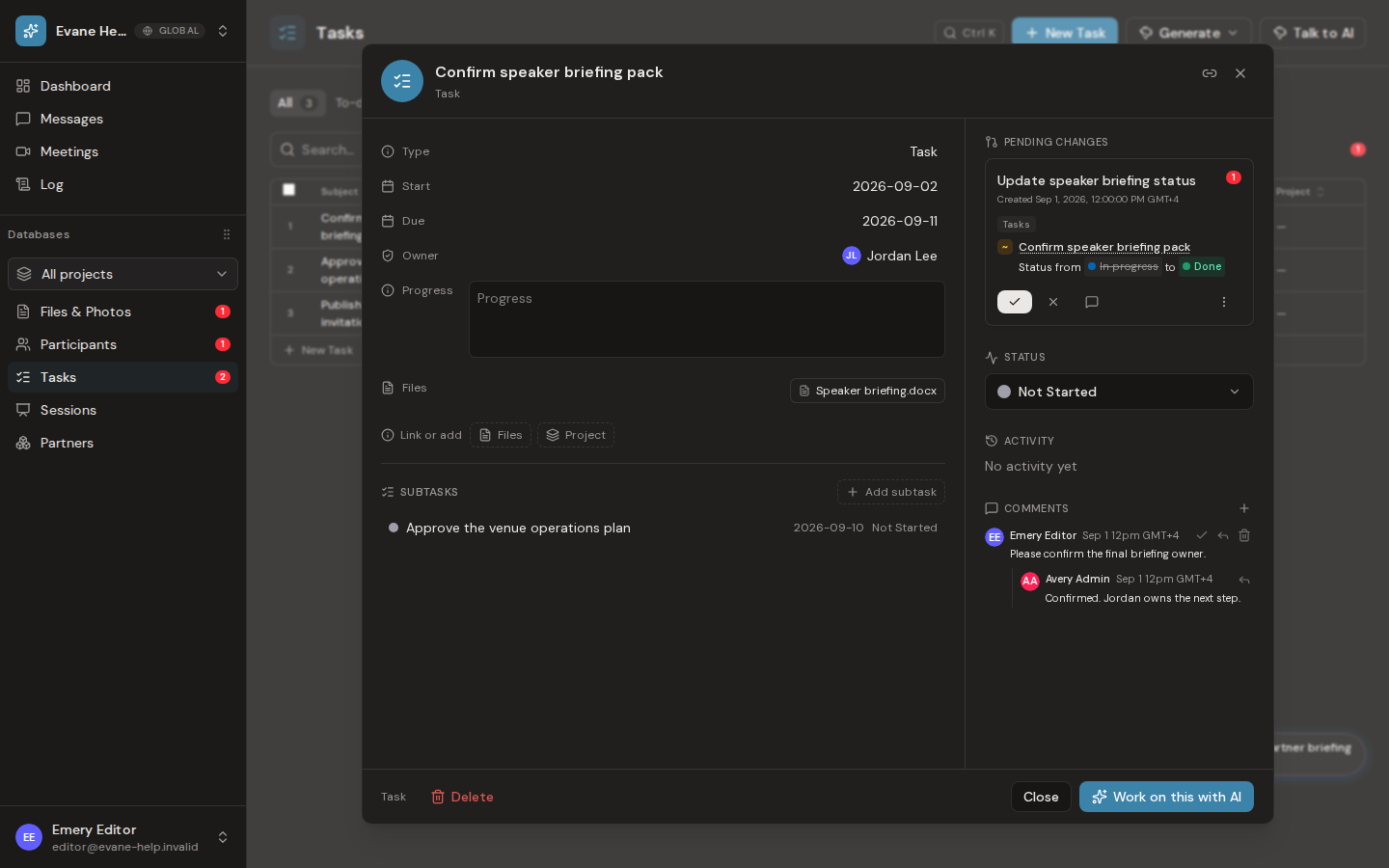 Edit and collaborate on a task in Evane