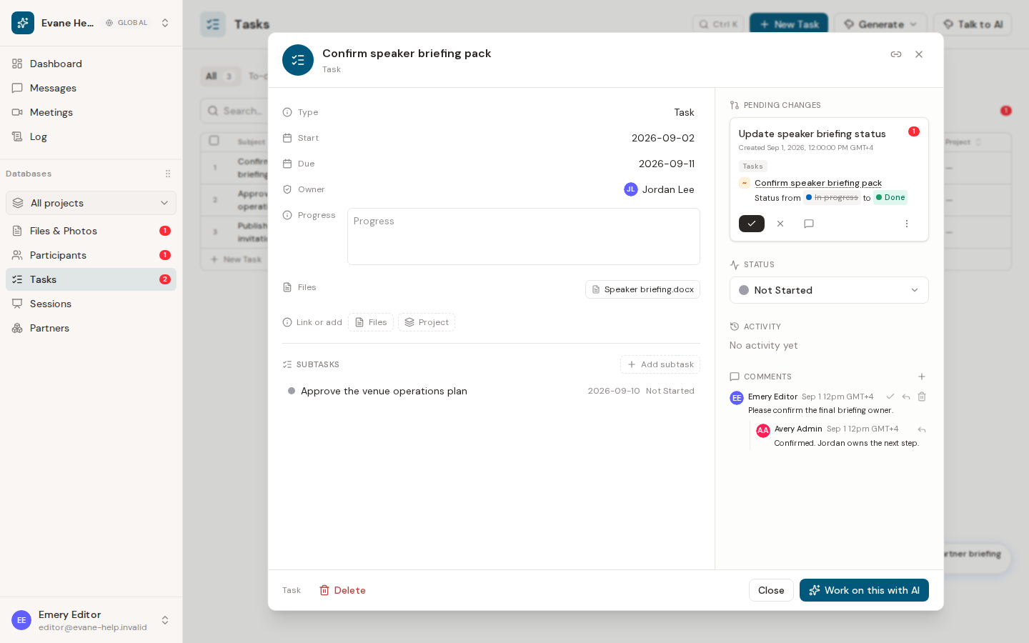 Edit and collaborate on a task in Evane