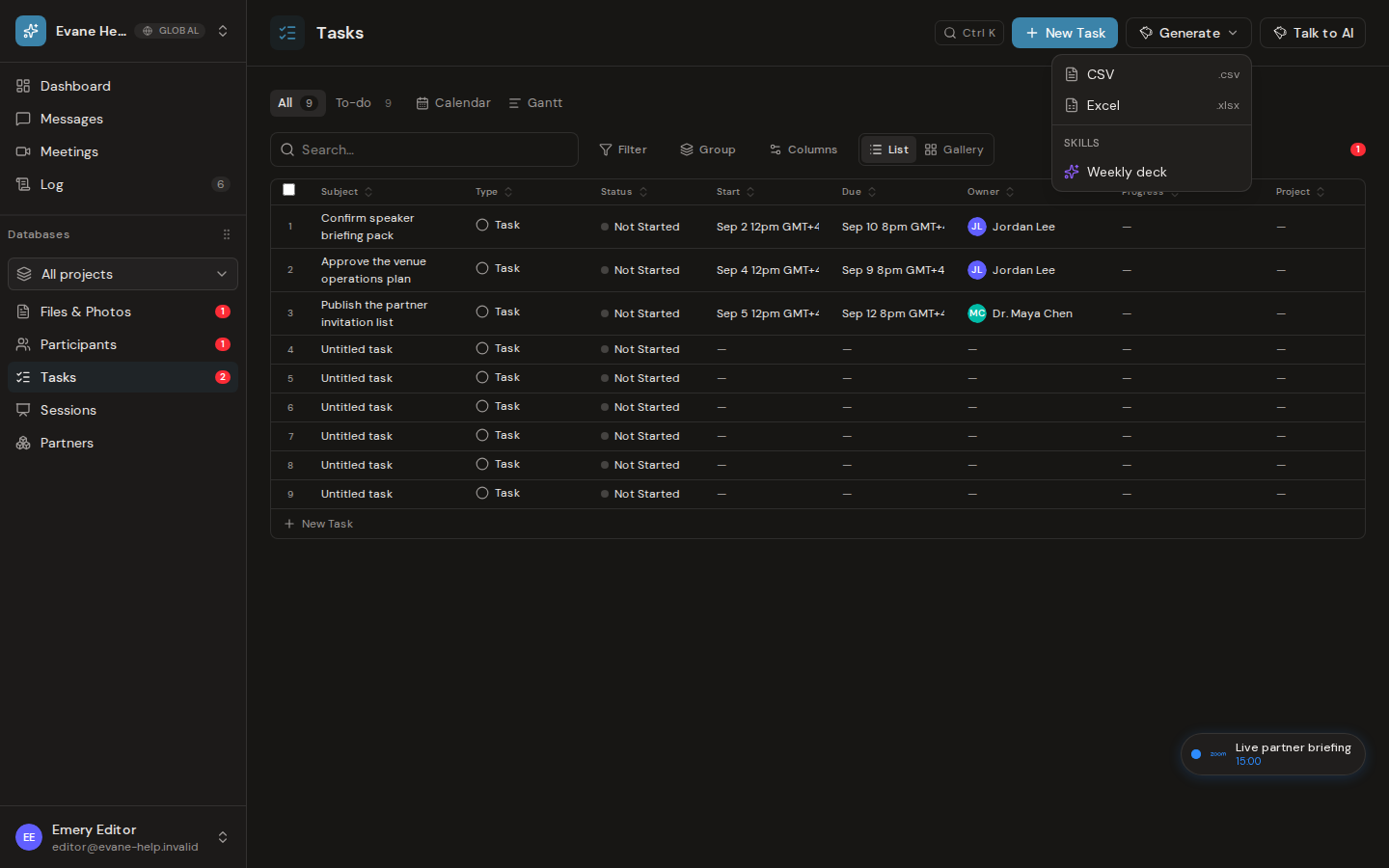Export a PMO weekly presentation in Evane