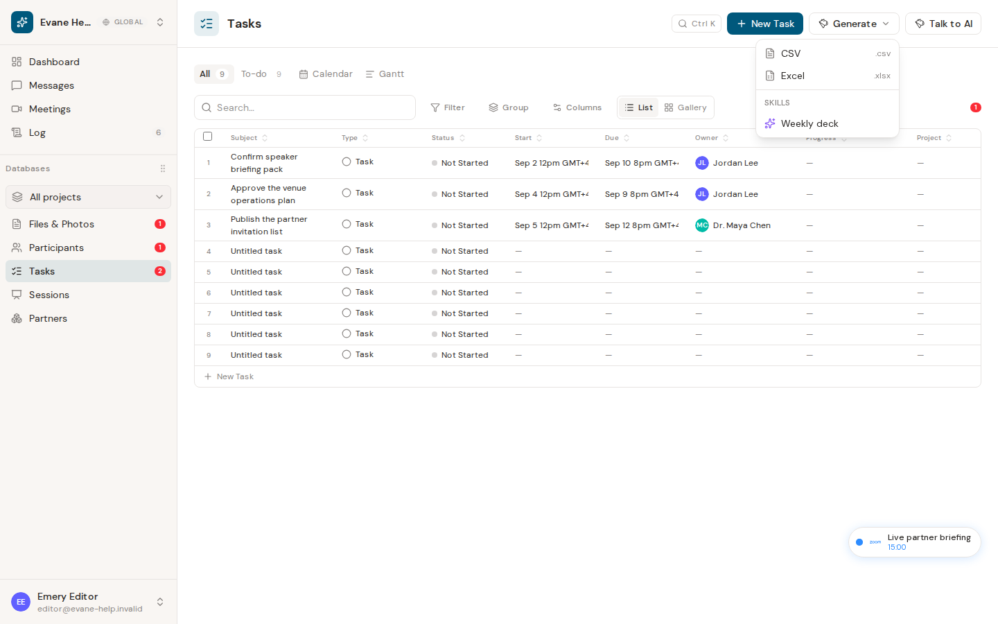 Export a PMO weekly presentation in Evane