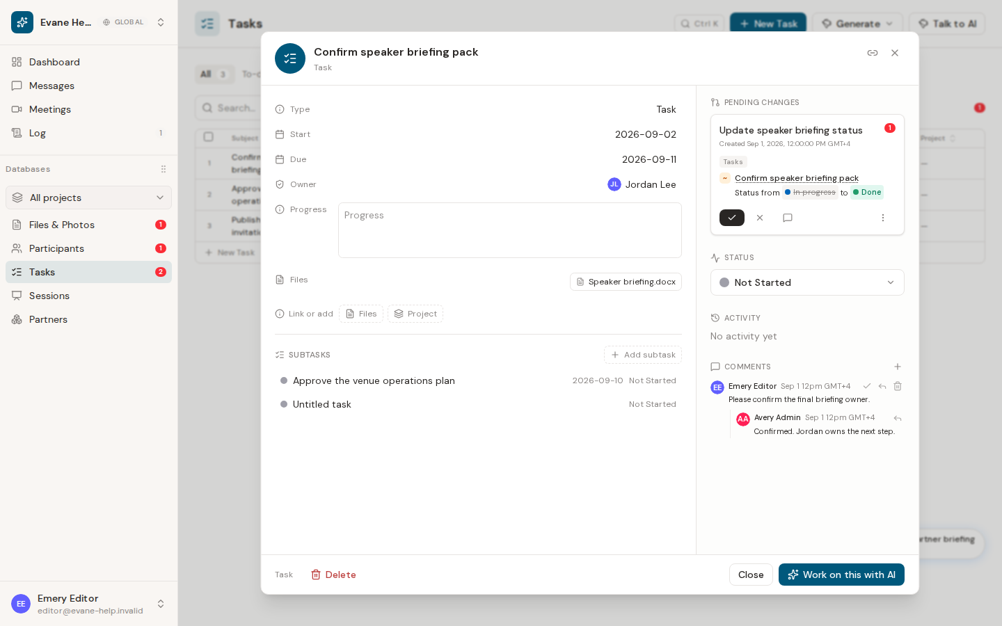 Add and manage subtasks in Evane