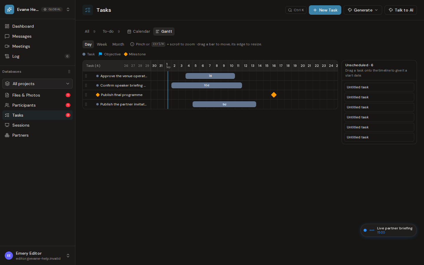 Schedule tasks on the Gantt in Evane