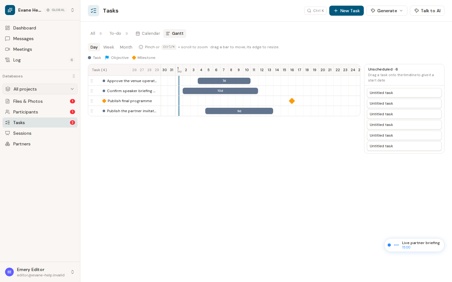 Schedule tasks on the Gantt in Evane