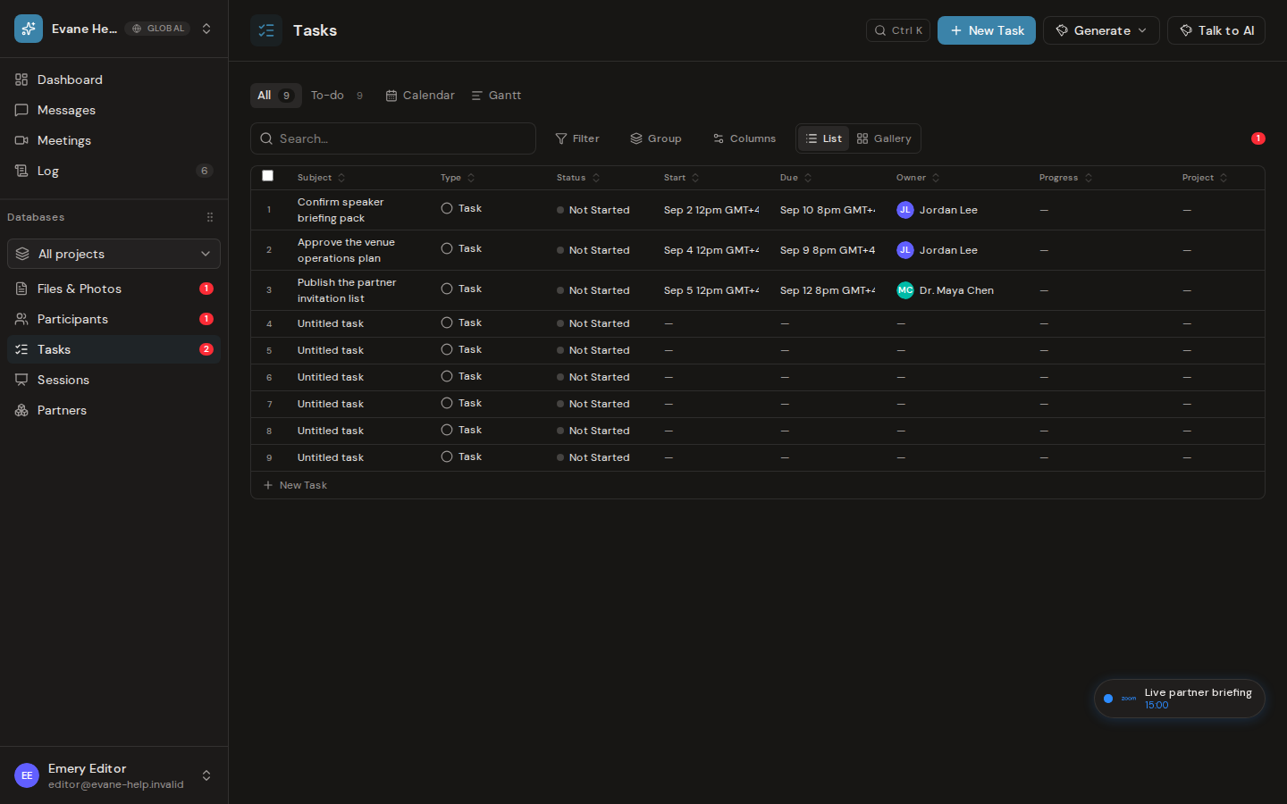 Use All, To-do, Calendar, and Gantt views in Evane