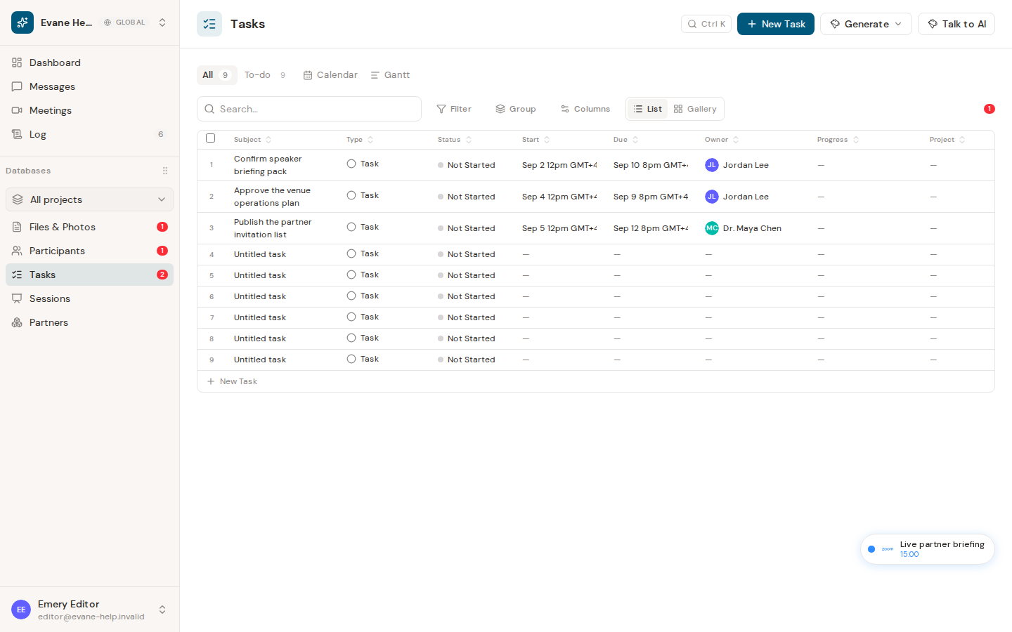Use All, To-do, Calendar, and Gantt views in Evane
